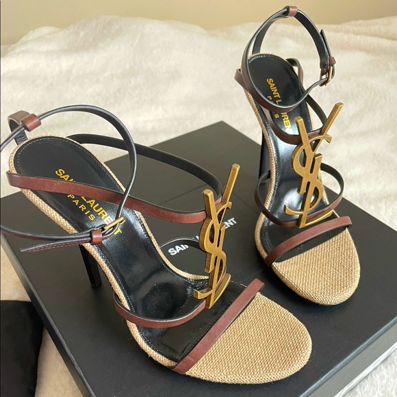 Saint Laurent Shoes - YSL Saint Laurent Cassandra Sandals Heels - Brown & Gold